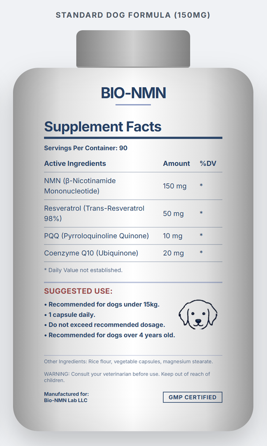 Pet NMN Longevity Formula | β-NMN 150mg + CoQ10 + Resveratrol | 90 Capsules