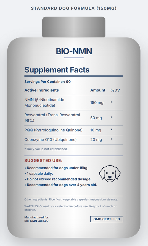 Pet NMN Longevity Formula | β-NMN 150mg + CoQ10 + Resveratrol | 90 Capsules