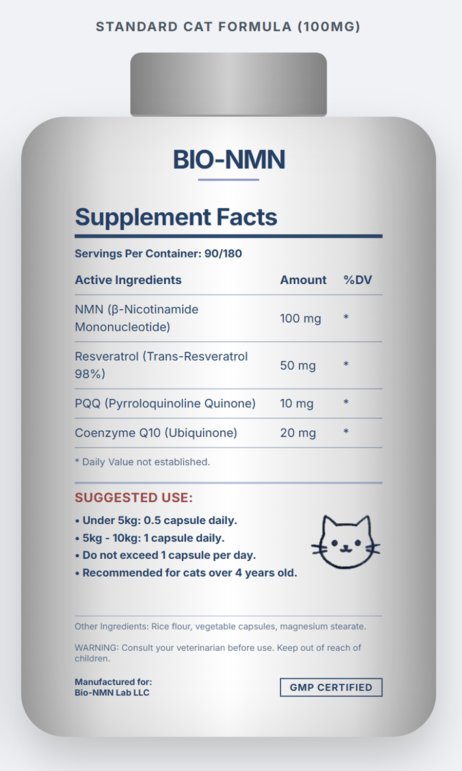 NMN Longevity Formula for Cats | β-NMN 100mg + CoQ10 + Resveratrol | 90 Capsules